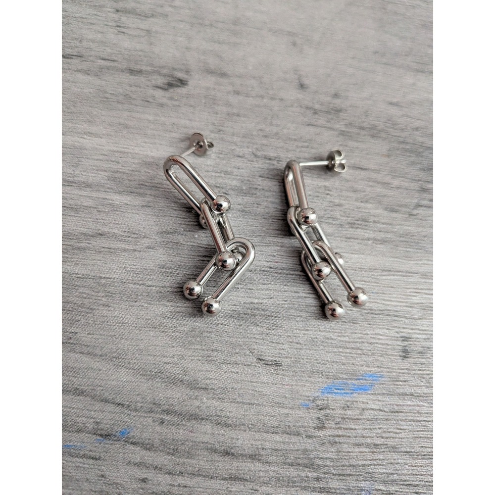 Silver Graduated U-Link Drop Earrings Industrial Ball Accent Post Backs